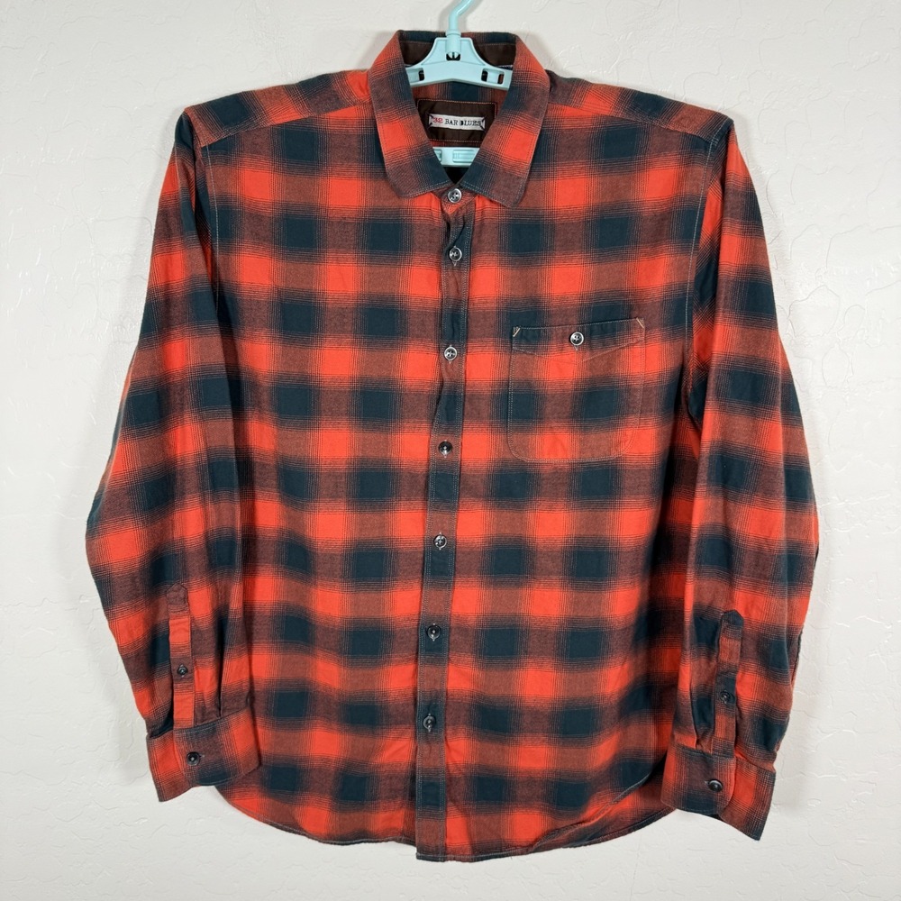 32 Bar‎ Blues Shirt Mens Large Orange Lightweight Flannel Button Up Check Casual